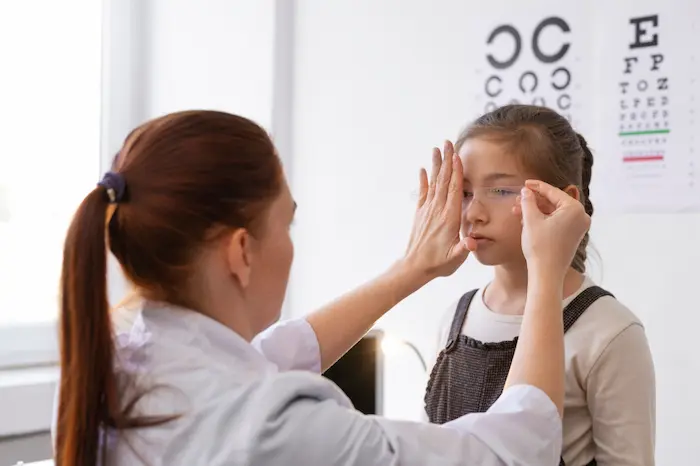 especialista en oftalmología atendiendo a una niña