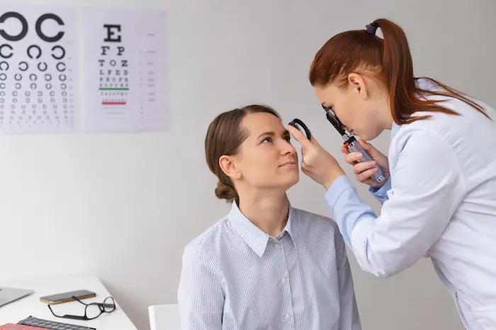 oftalmóloga revisandole los ojos a su clienta