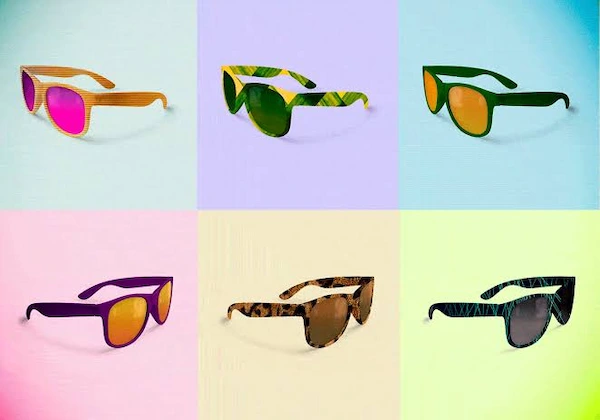 Composición de seis pares de lentes de sol con diferentes colores de cristales y monturas estampadas sobre fondos de tonos pasteles.