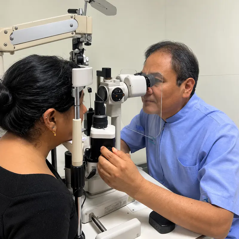 Oftalmólogo revisando los ojos de un paciente